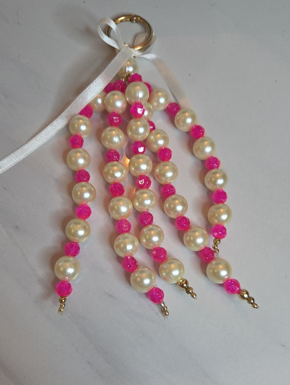 Pearl & Hot Pink Bead Tassel Bag Charm